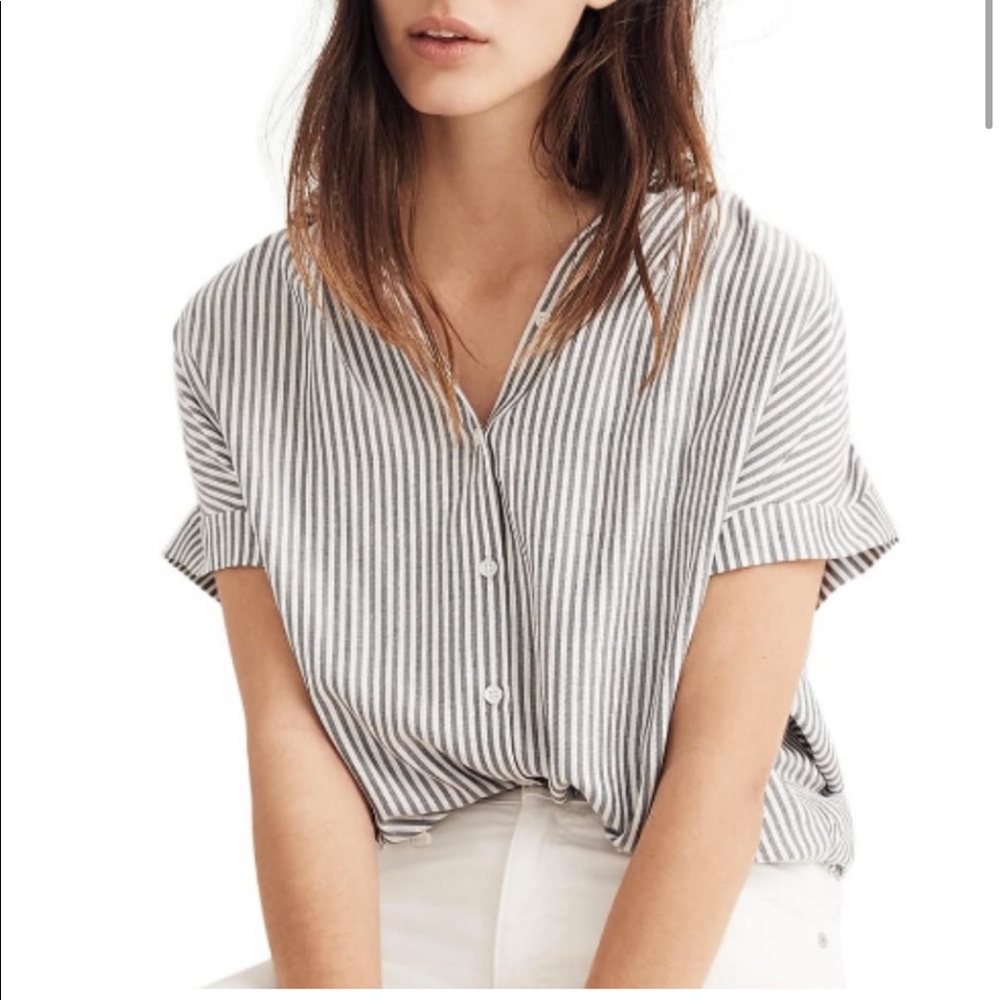 MADEWELL Central Stripe Button Down Oversized Shirt Cap Sleeve XXS
